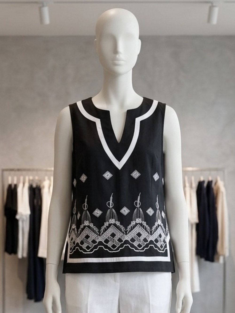 Kim Rogers Black Sleeveless V-Neck Tank with White Embroidered Trim